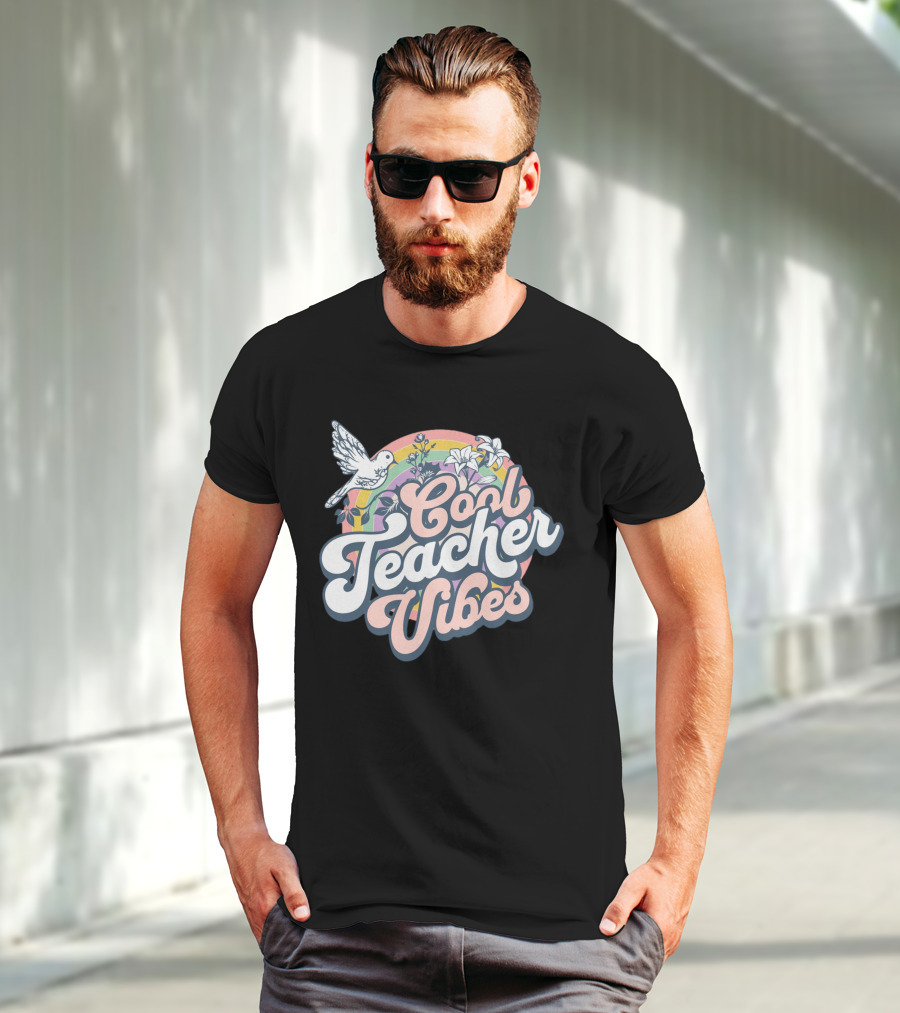 Cool Teacher Vibes Retro Rainbow Floral Design With Dove T-Shirt