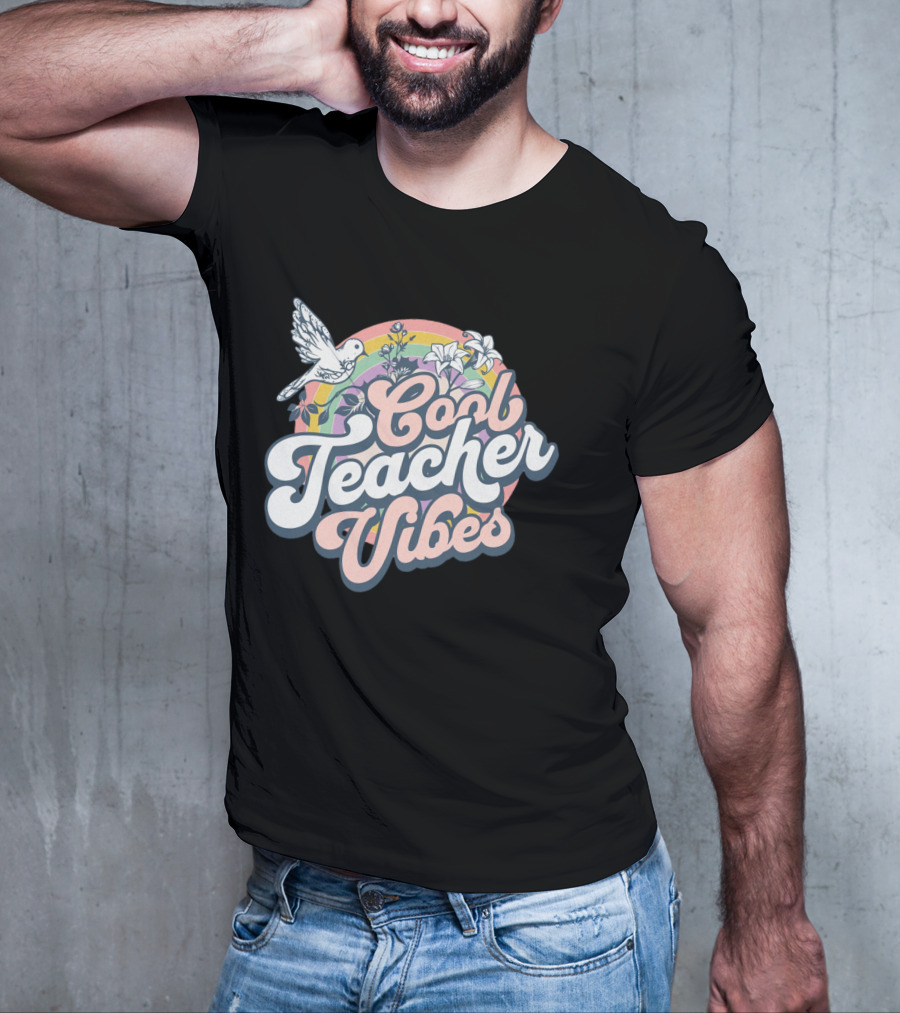 Cool Teacher Vibes Retro Rainbow Floral Design With Dove T-Shirt