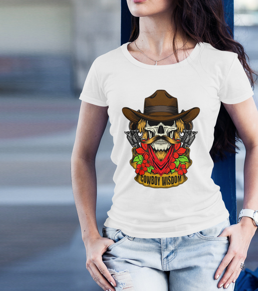 Cowboy Wisdom Skull Western Skeleton Bandana Pistols Flowers T-Shirt