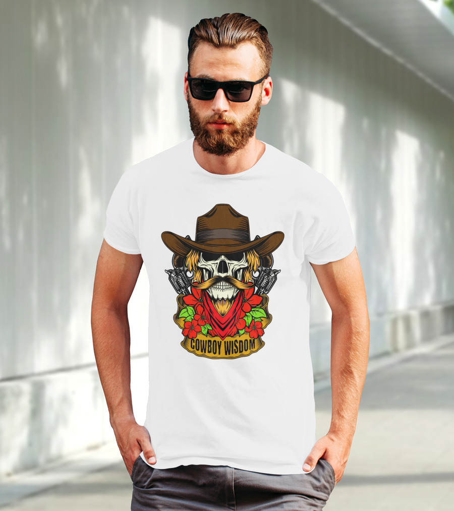 Cowboy Wisdom Skull Western Skeleton Bandana Pistols Flowers T-Shirt