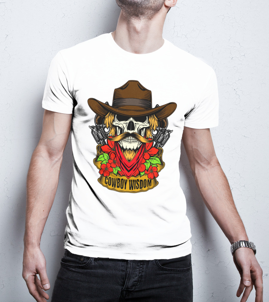 Cowboy Wisdom Skull Western Skeleton Bandana Pistols Flowers T-Shirt