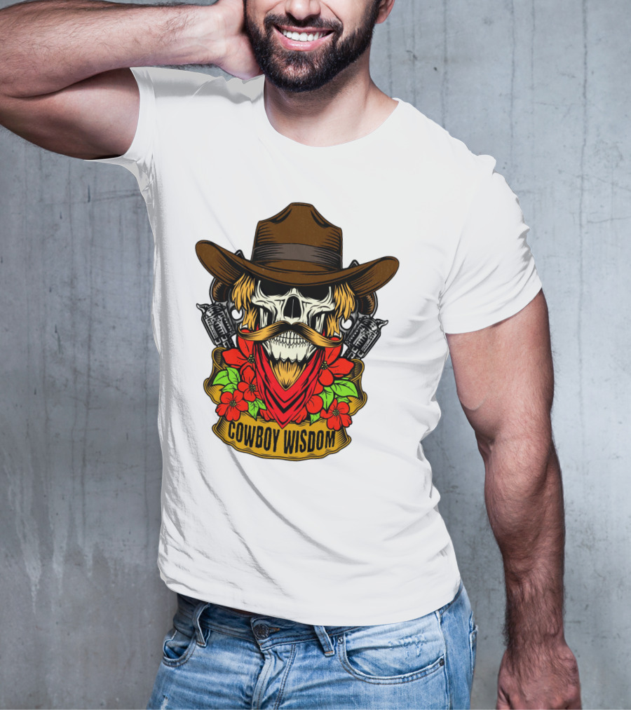 Cowboy Wisdom Skull Western Skeleton Bandana Pistols Flowers T-Shirt