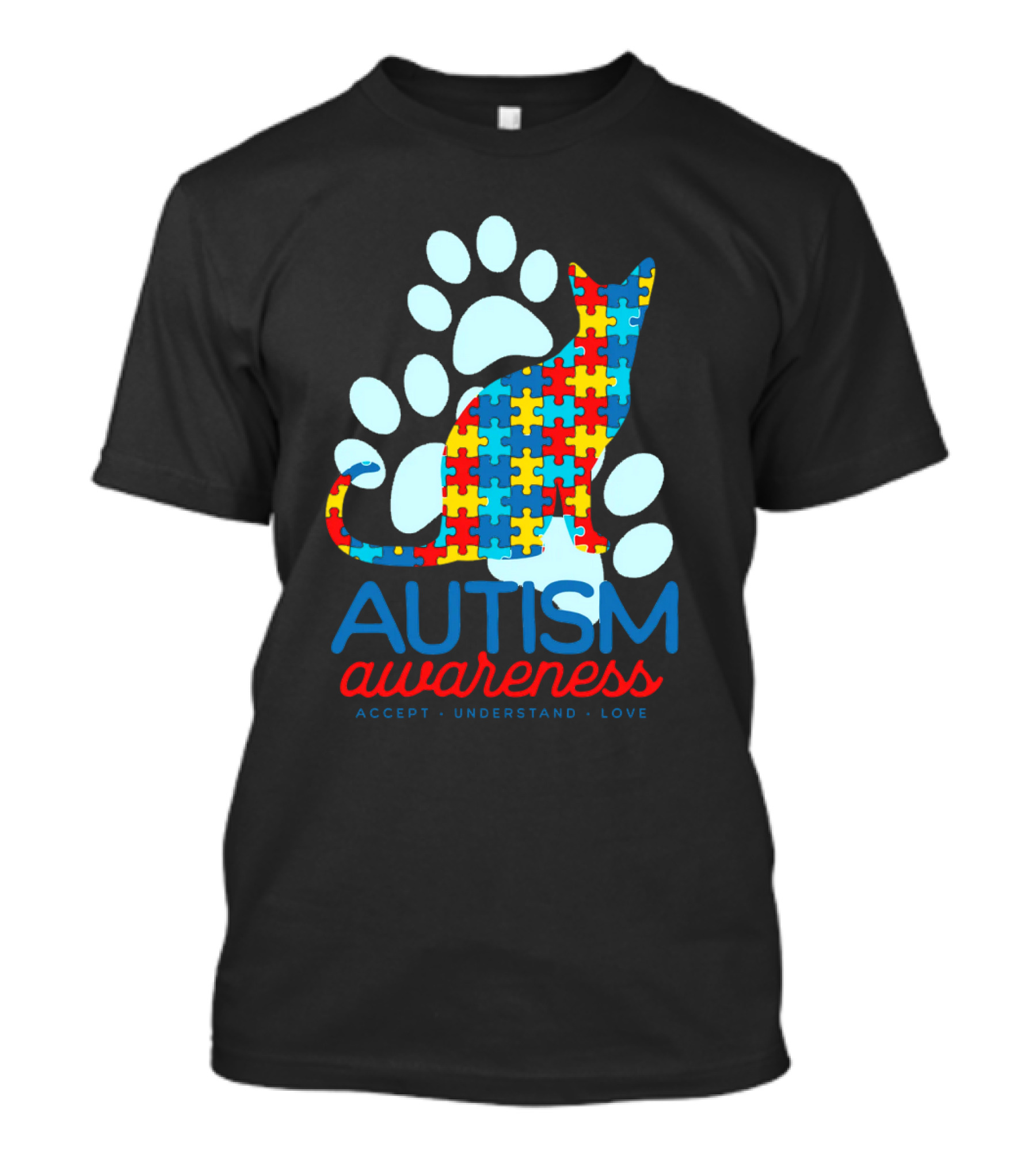 Autism Awareness Accept Understand Love Puzzle Cat Paw T-Shirt