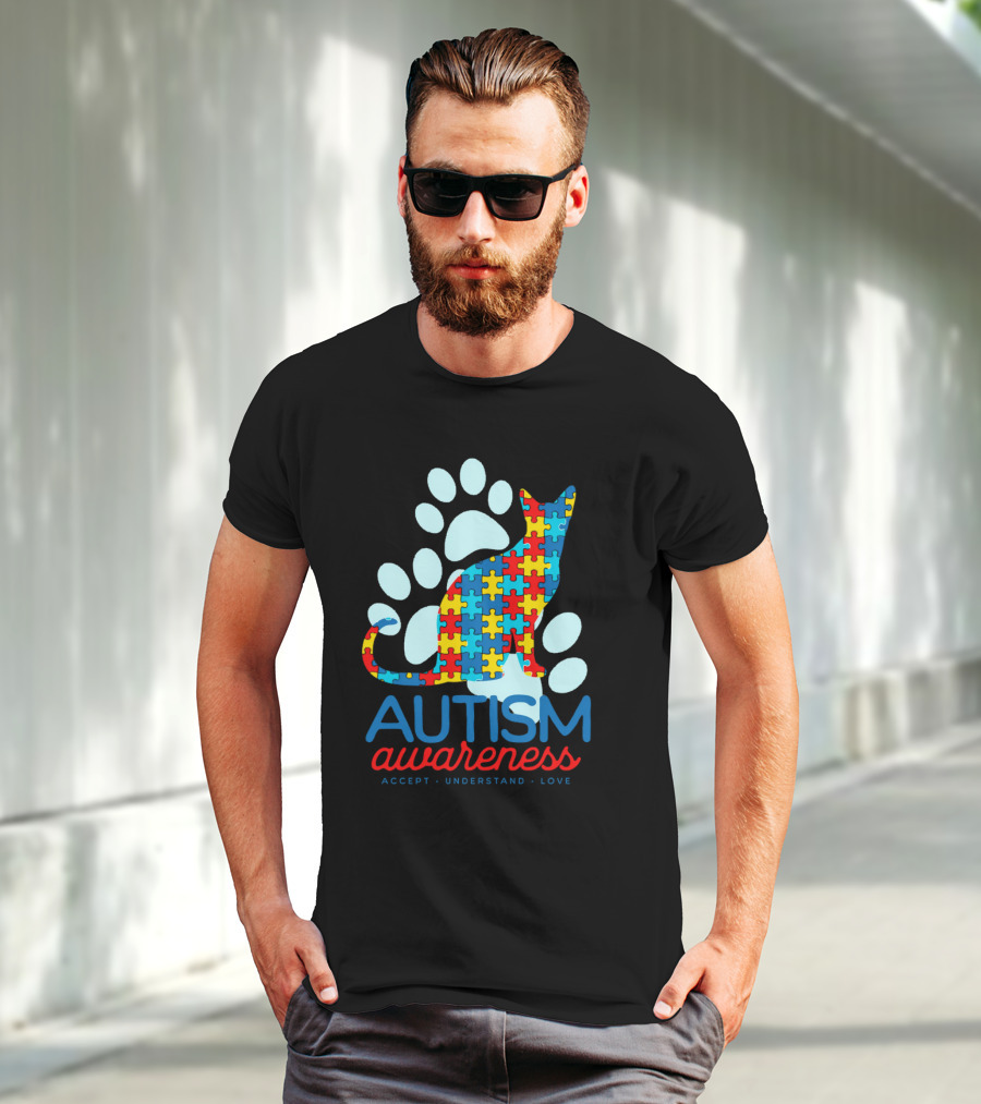 Autism Awareness Accept Understand Love Puzzle Cat Paw T-Shirt