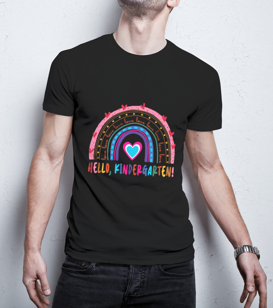 Hello Kindergarten Love Rainbow Hearts Back To School T-Shirt