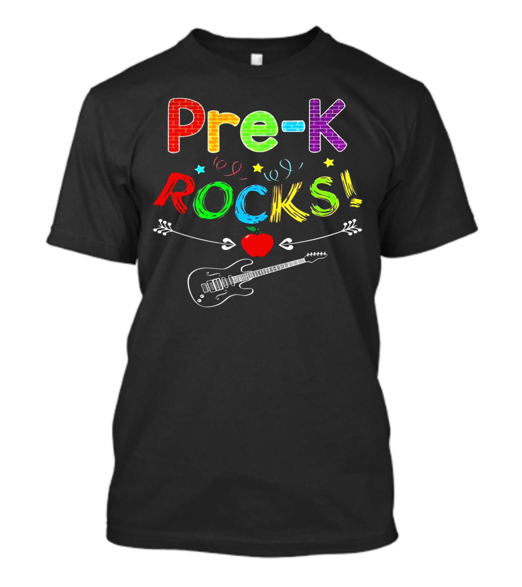 Pre-K Rocks Funny Kids Teachers Back To School With Guitar And Apple T-Shirt