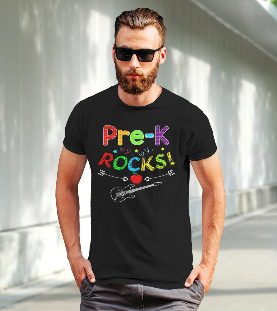 Pre-K Rocks Funny Kids Teachers Back To School With Guitar And Apple T-Shirt