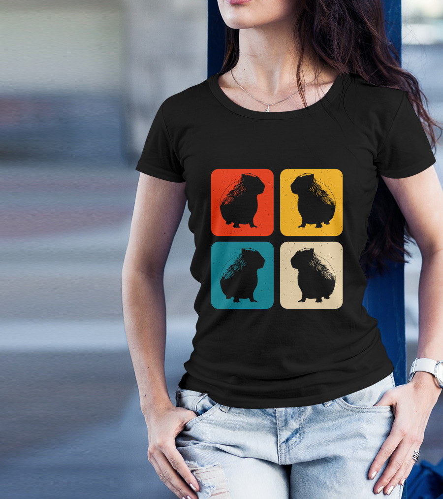 Vintage Capybara Pop Art Silhouette Four Colors Squares T-Shirt