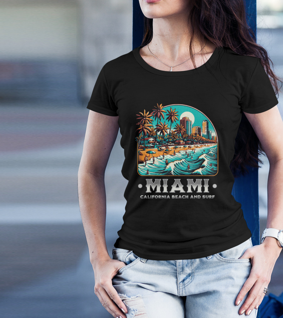 Miami Beach And Surf California Palm Skyline Ocean Waves T-Shirt