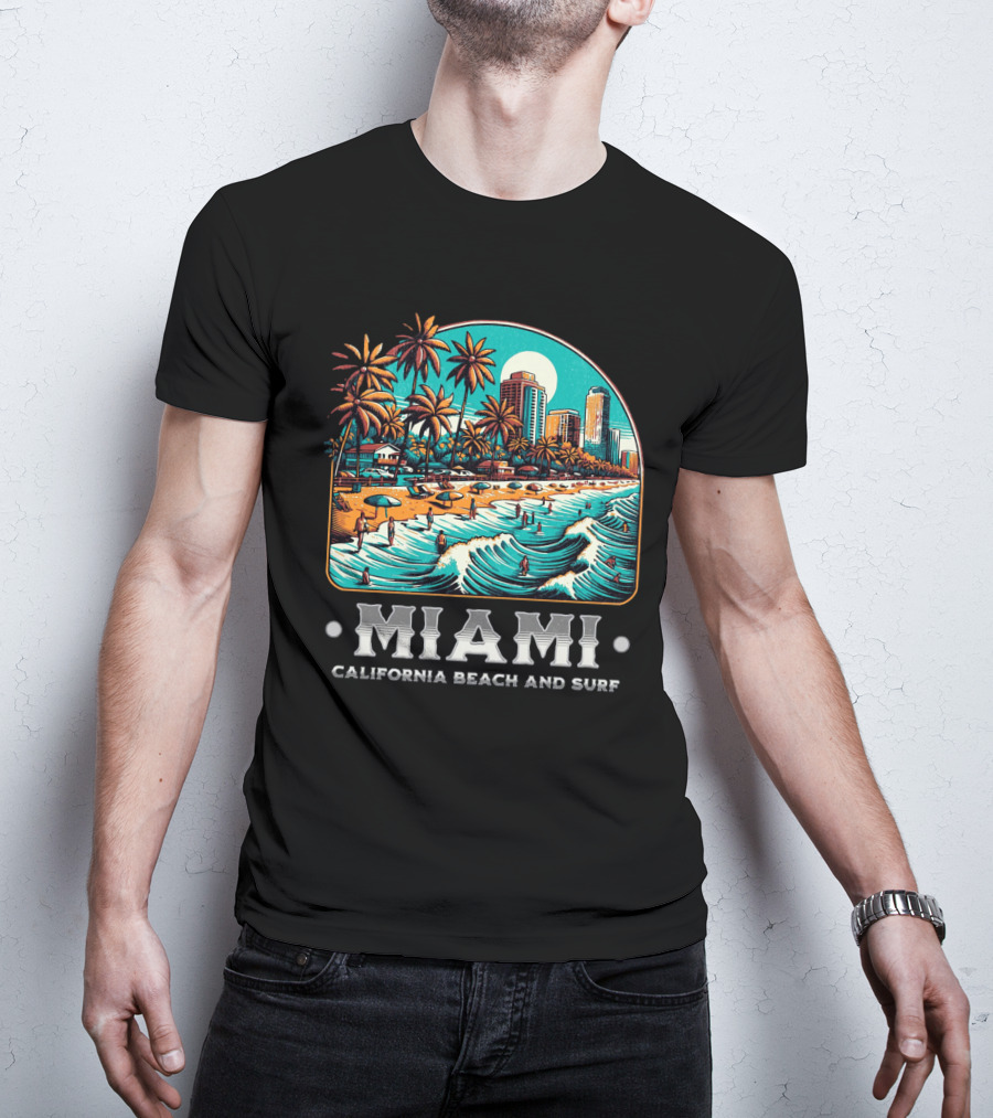 Miami Beach And Surf California Palm Skyline Ocean Waves T-Shirt
