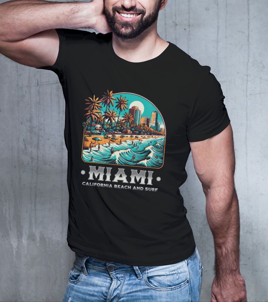 Miami Beach And Surf California Palm Skyline Ocean Waves T-Shirt