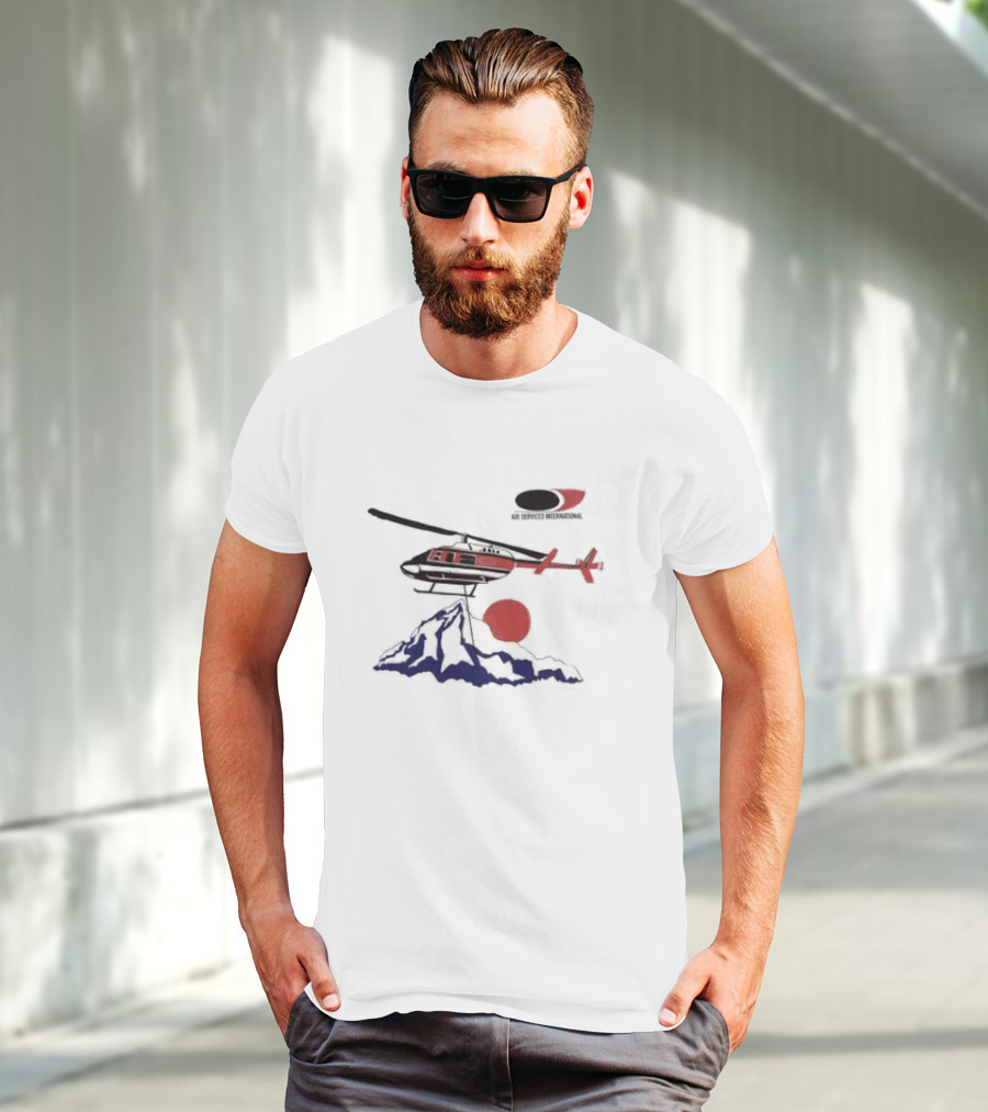 Air Services International Helicopter Over Mountain And Red Sun T-Shirt