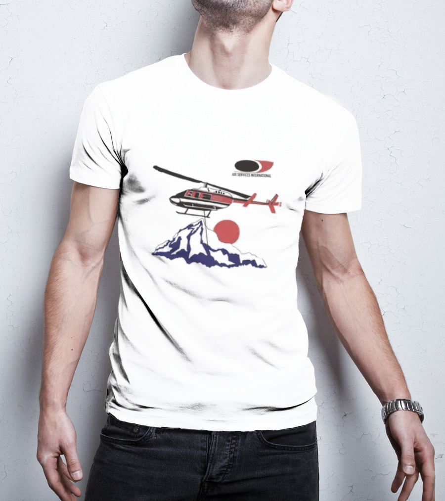 Air Services International Helicopter Over Mountain And Red Sun T-Shirt
