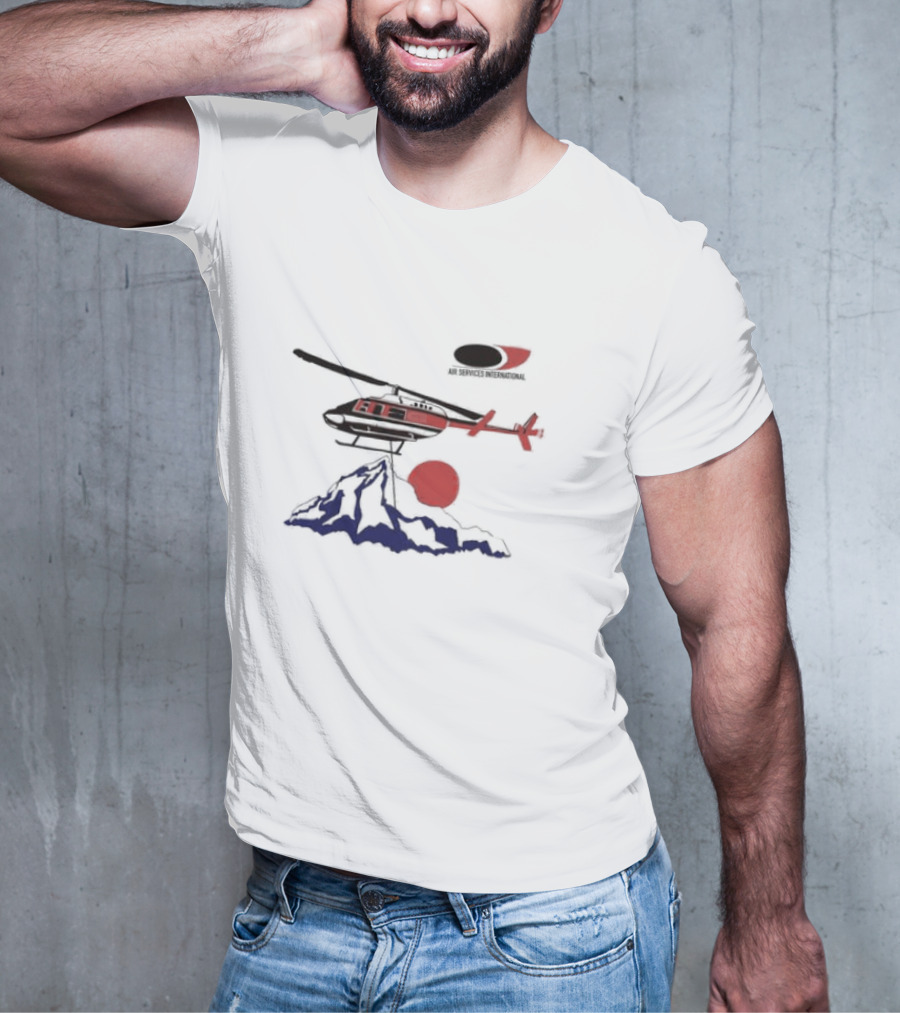 Air Services International Helicopter Over Mountain And Red Sun T-Shirt
