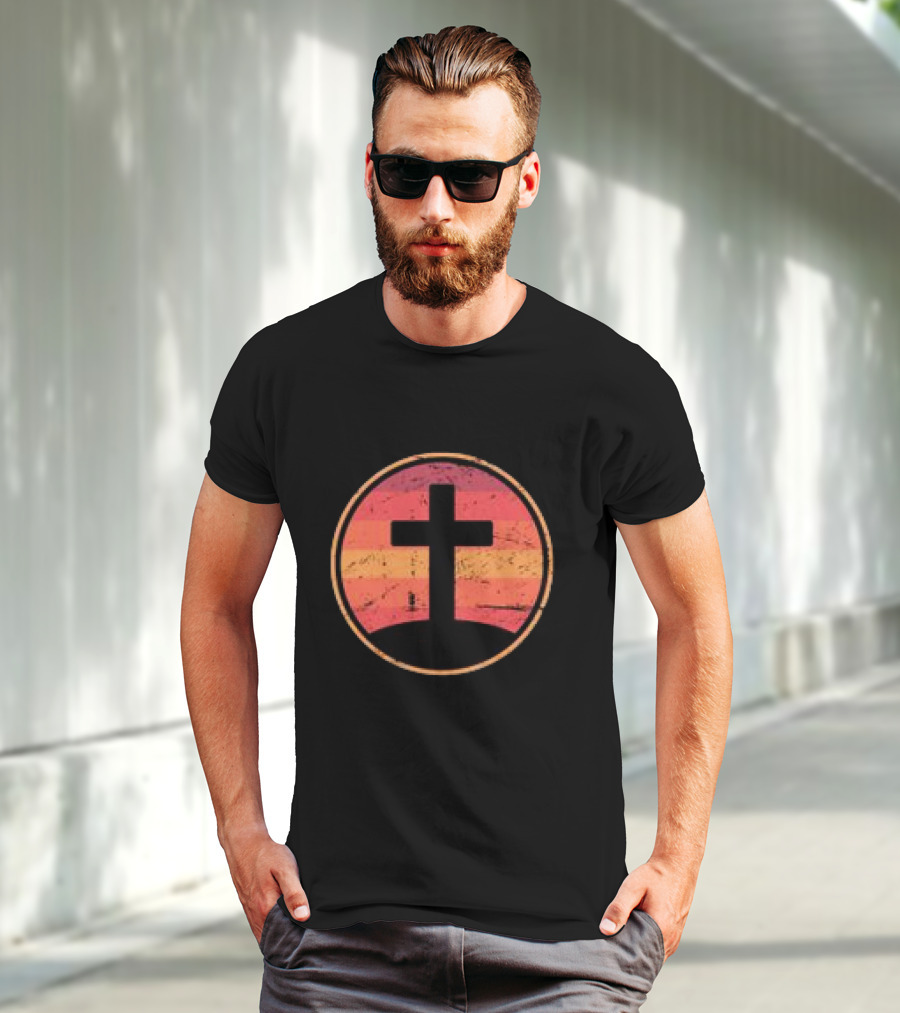 Retro Christian Cross Vintage Sunset On Champion T-Shirt