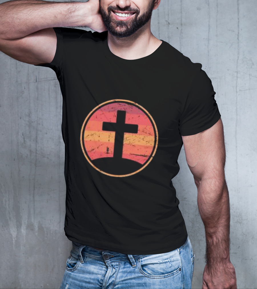 Retro Christian Cross Vintage Sunset On Champion T-Shirt
