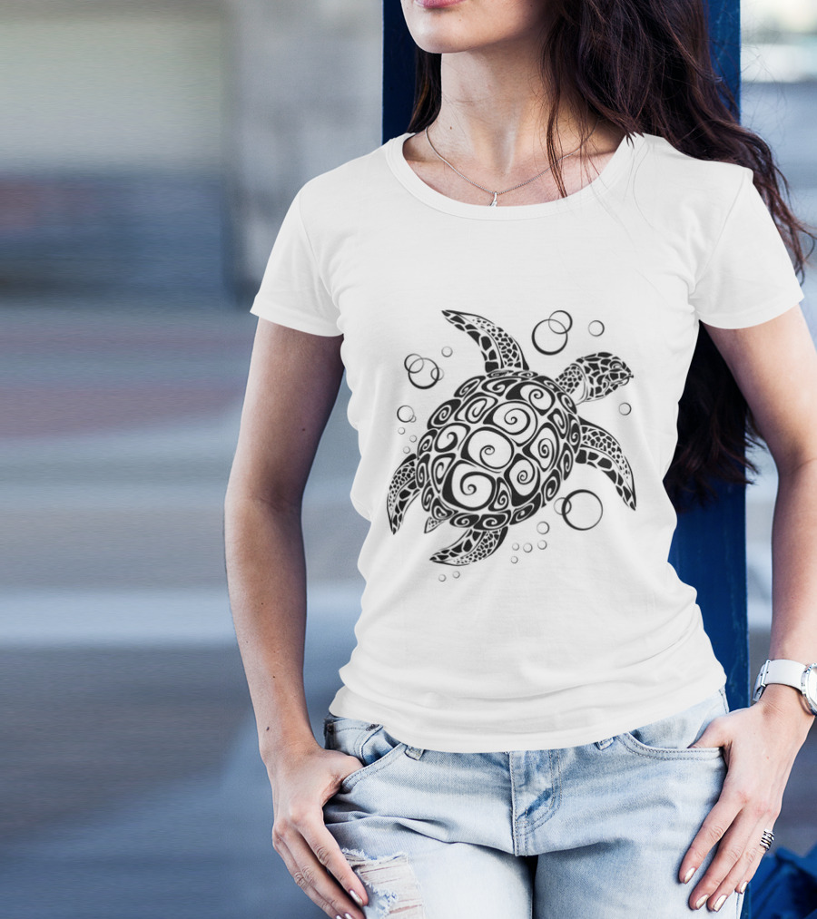 Sea Turtle Tribal Pattern With Bubbles T-Shirt