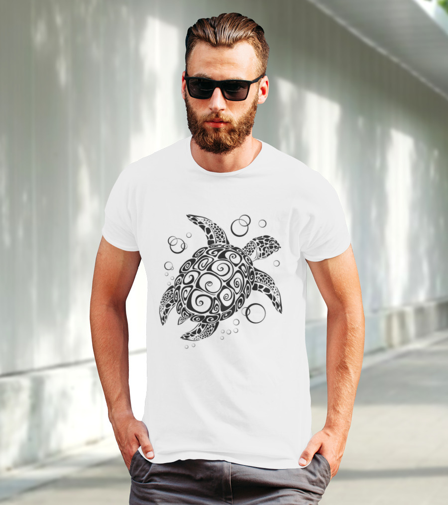 Sea Turtle Tribal Pattern With Bubbles T-Shirt
