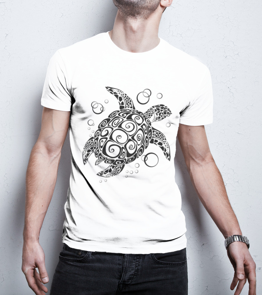 Sea Turtle Tribal Pattern With Bubbles T-Shirt