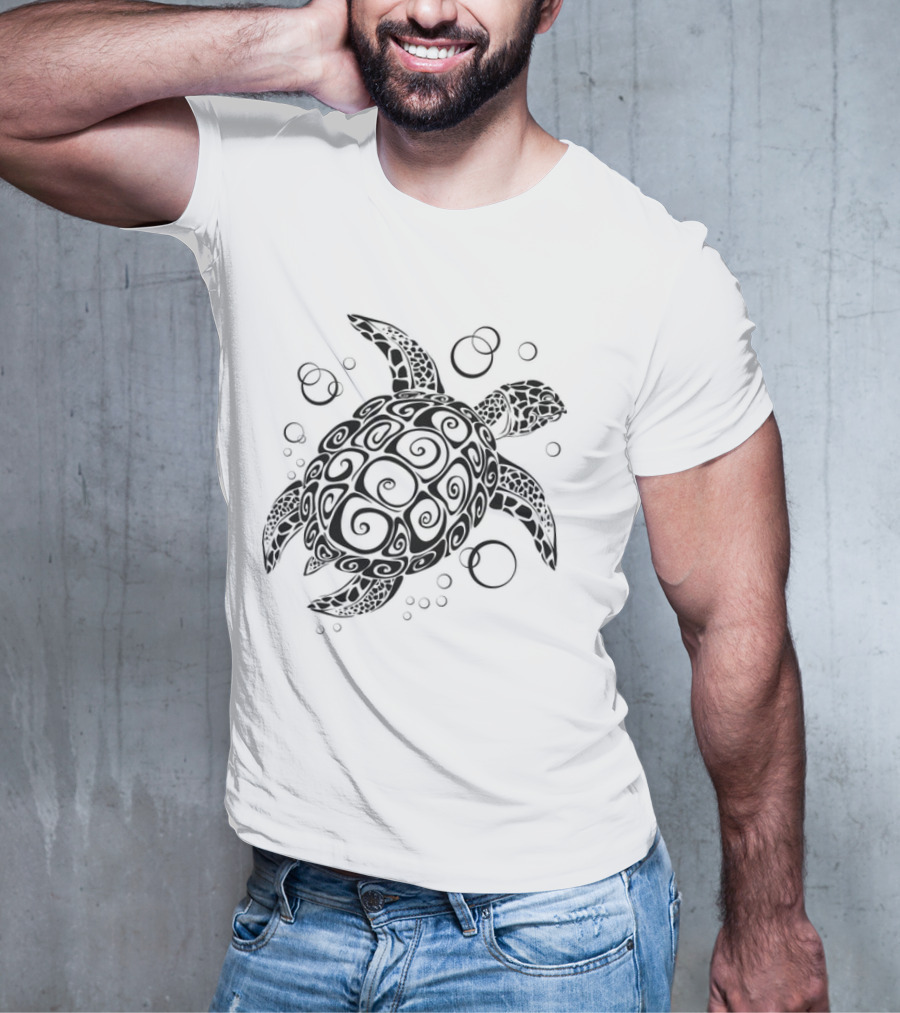 Sea Turtle Tribal Pattern With Bubbles T-Shirt