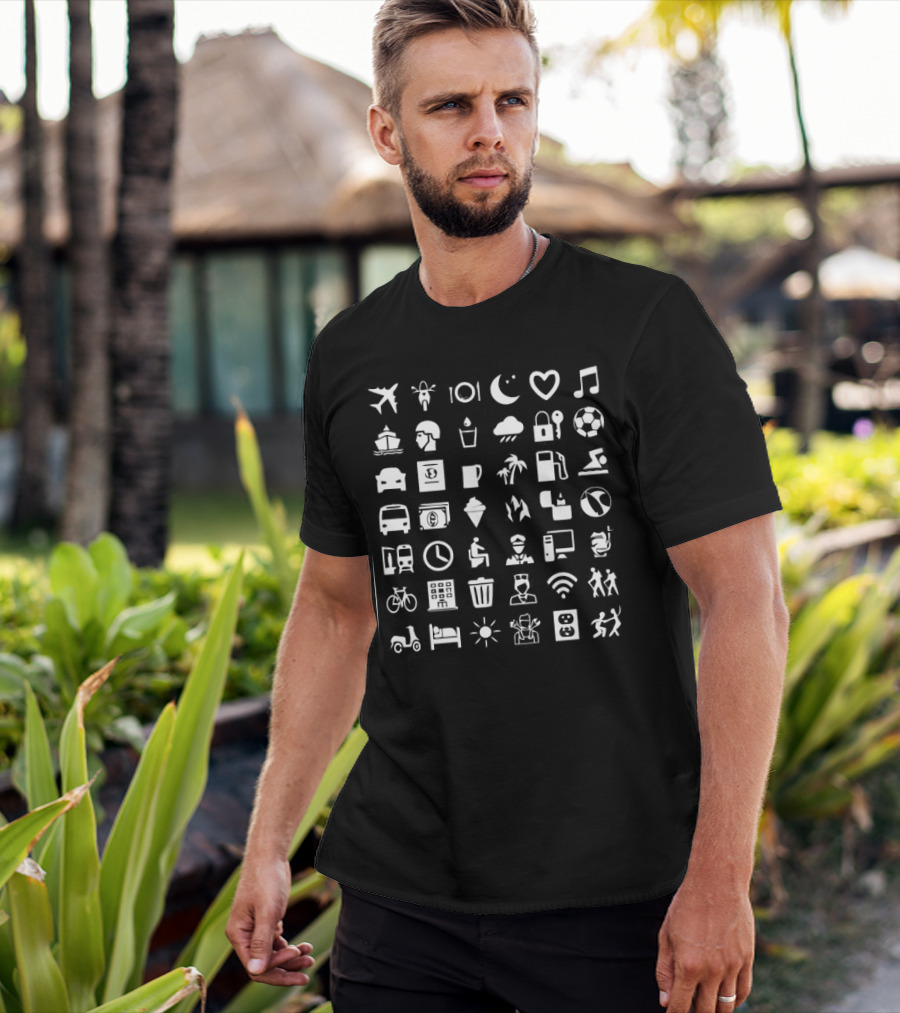 Symbol Travel Icons Airplane Music Bicycle Coffee Mug WiFi Soccer Bed Scooter Sun Plug Adventure T-Shirt
