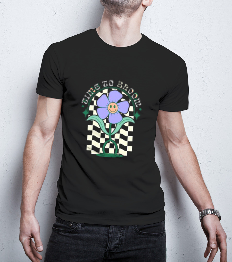 Time To Bloom Flower With Checkerboard Background And Smiley Face T-Shirt