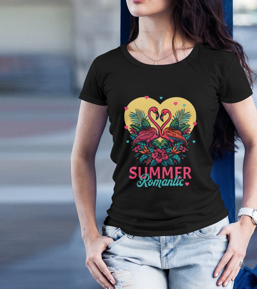 Summer Romantic Flamingo Birds Love Heart And Tropical Flowers T-Shirt