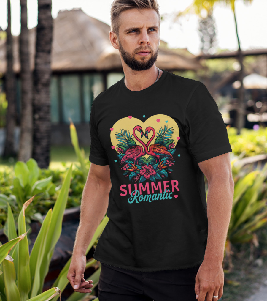 Summer Romantic Flamingo Birds Love Heart And Tropical Flowers T-Shirt