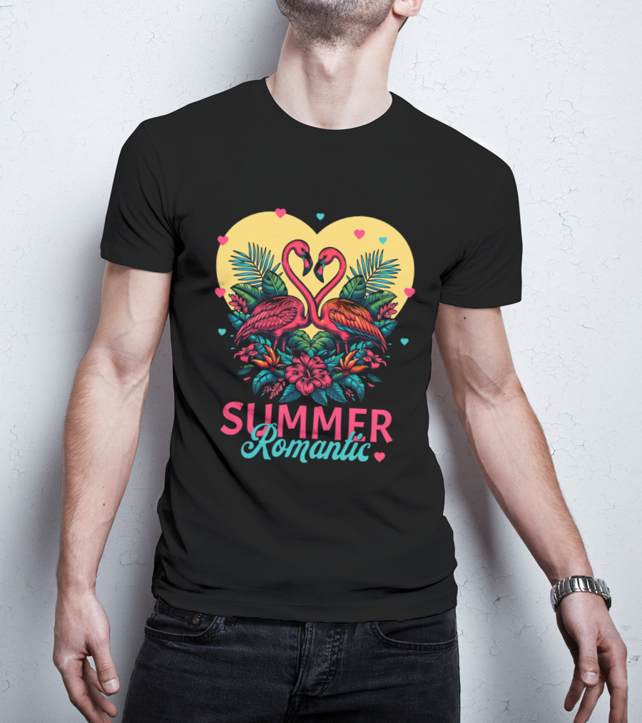 Summer Romantic Flamingo Birds Love Heart And Tropical Flowers T-Shirt