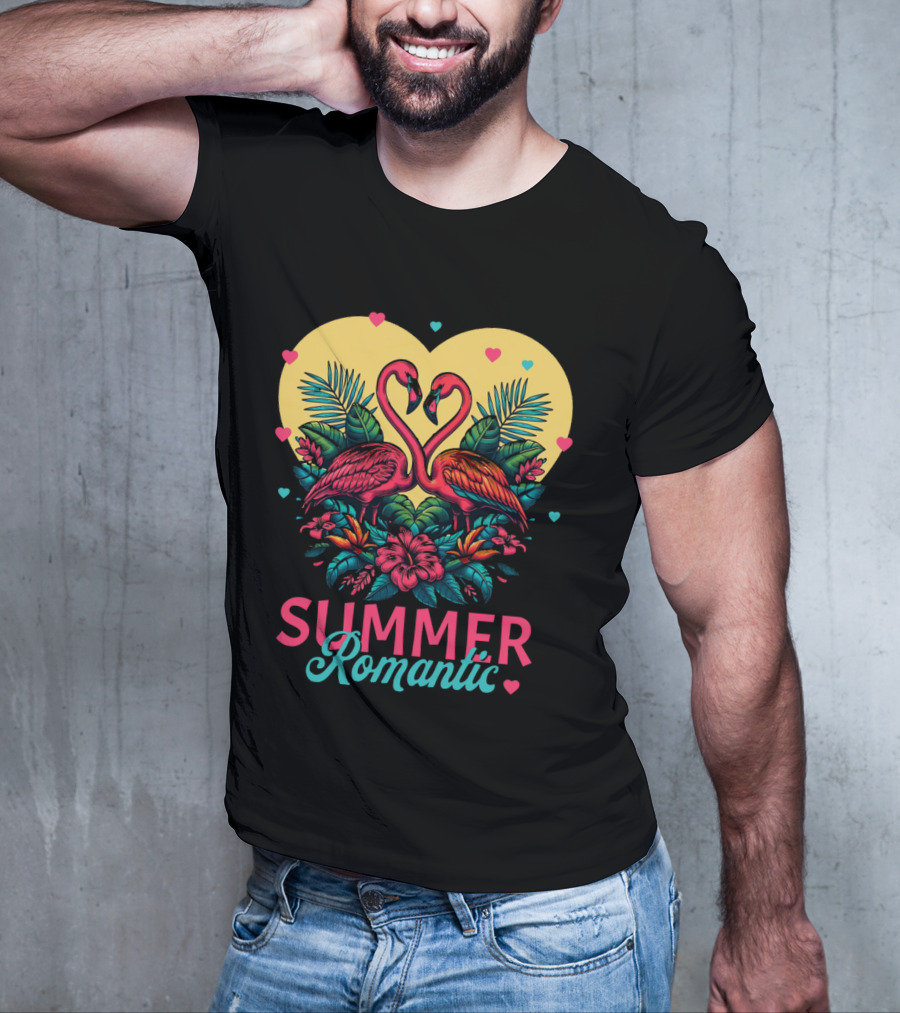 Summer Romantic Flamingo Birds Love Heart And Tropical Flowers T-Shirt