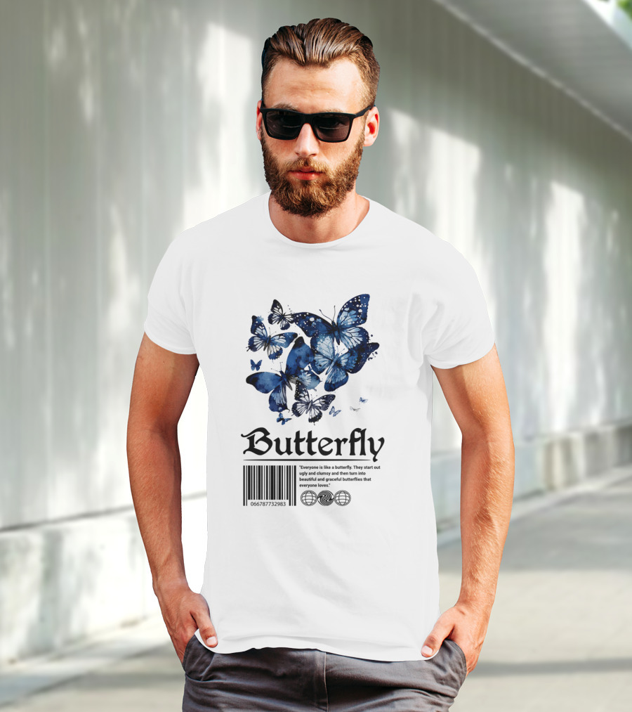 Butterfly Minimal Elegant Blue Watercolor Theme With Graceful Quote And Barcode T-Shirt