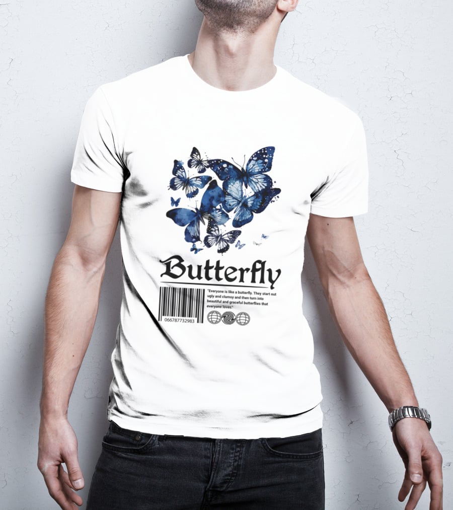 Butterfly Minimal Elegant Blue Watercolor Theme With Graceful Quote And Barcode T-Shirt