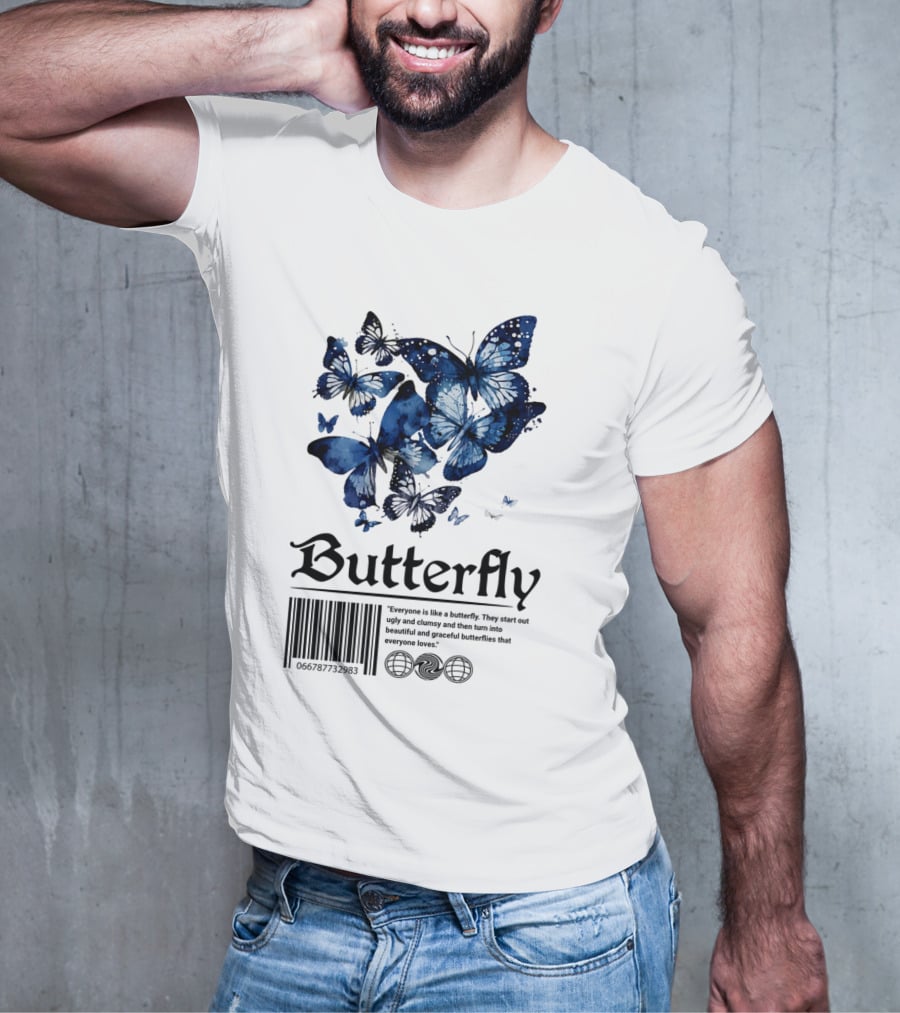 Butterfly Minimal Elegant Blue Watercolor Theme With Graceful Quote And Barcode T-Shirt
