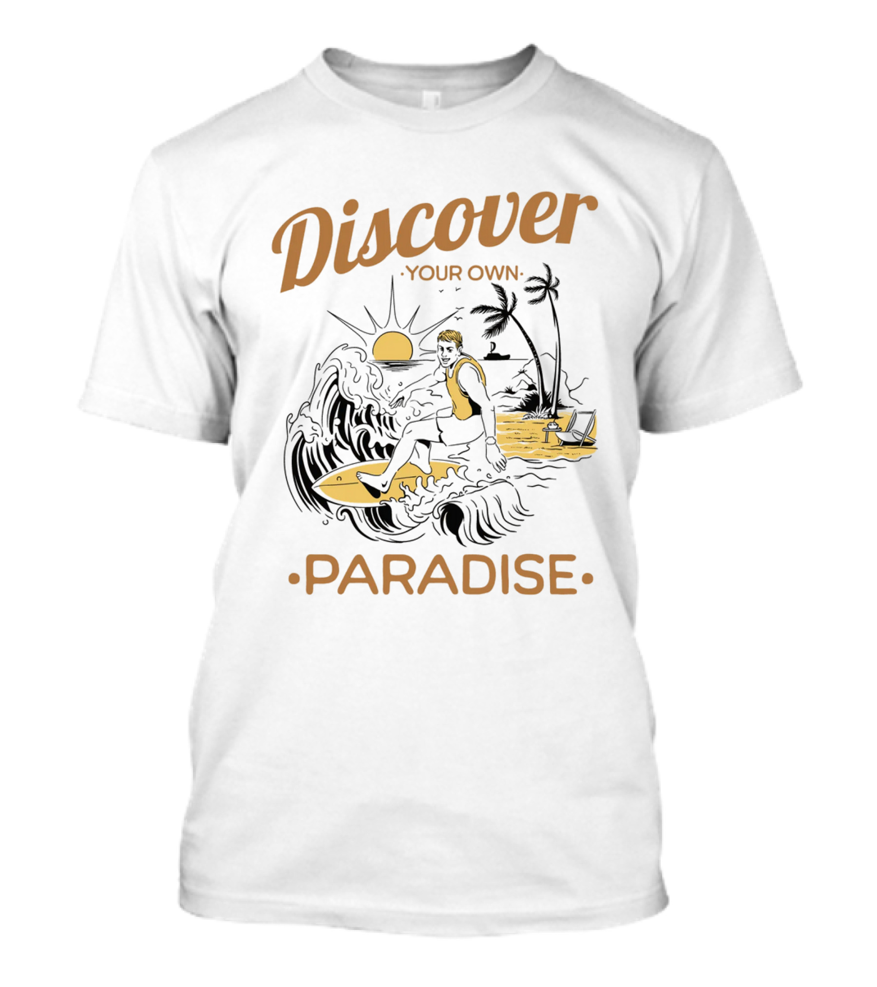 Discover Your Own Paradise Surfer Sunset Scene T-Shirt