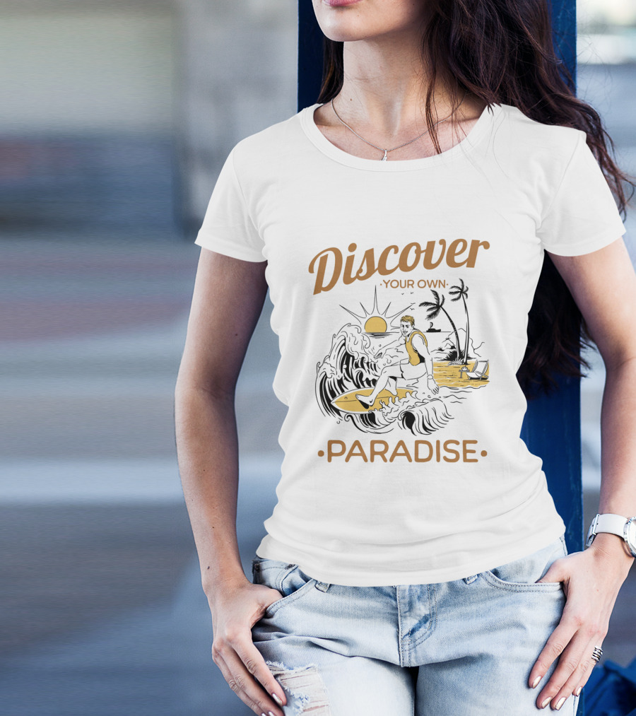 Discover Your Own Paradise Surfer Sunset Scene T-Shirt