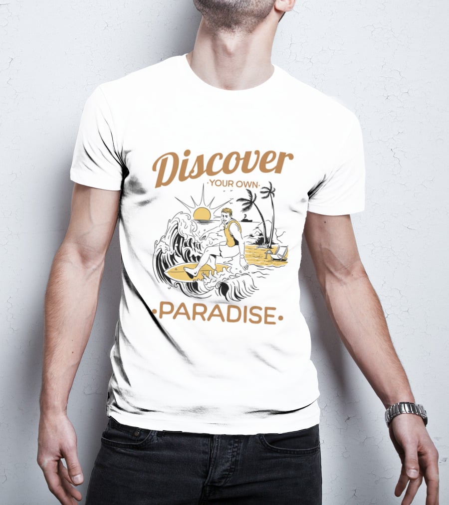 Discover Your Own Paradise Surfer Sunset Scene T-Shirt