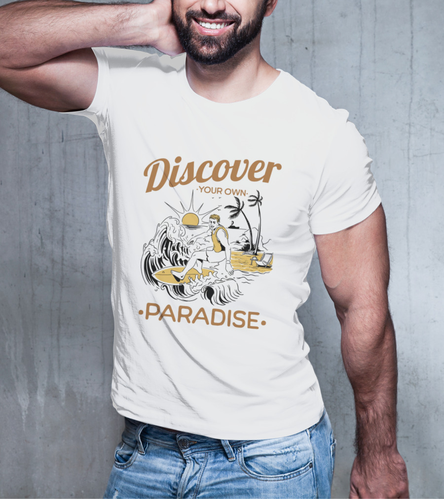 Discover Your Own Paradise Surfer Sunset Scene T-Shirt