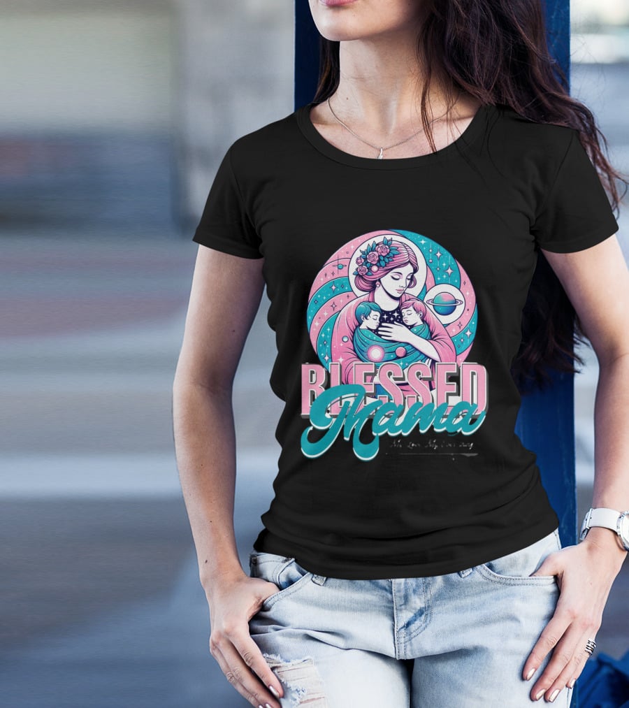 Blessed Mama Cosmic Mother With Children And Floral Halo T-Shirt