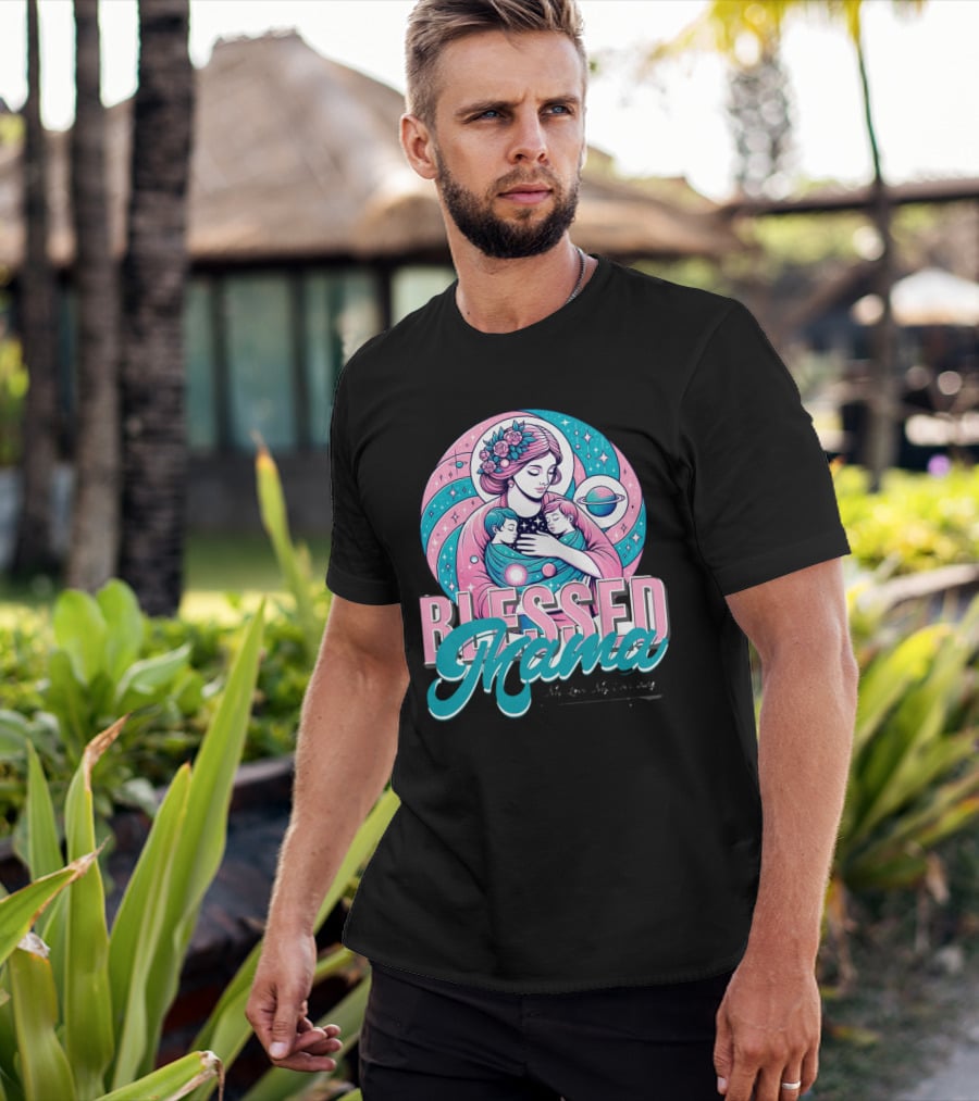 Blessed Mama Cosmic Mother With Children And Floral Halo T-Shirt