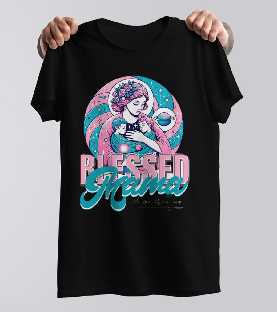 Blessed Mama Cosmic Mother With Children And Floral Halo T-Shirt
