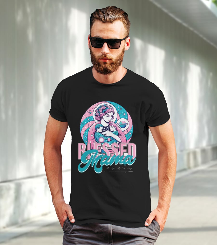 Blessed Mama Cosmic Mother With Children And Floral Halo T-Shirt