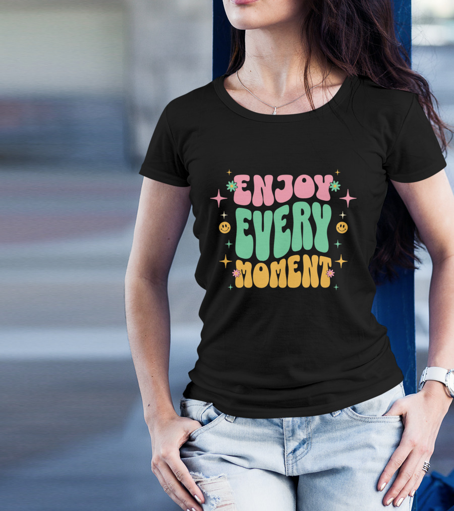 Enjoy Every Moment Retro Smiley Flowers And Stars T-Shirt