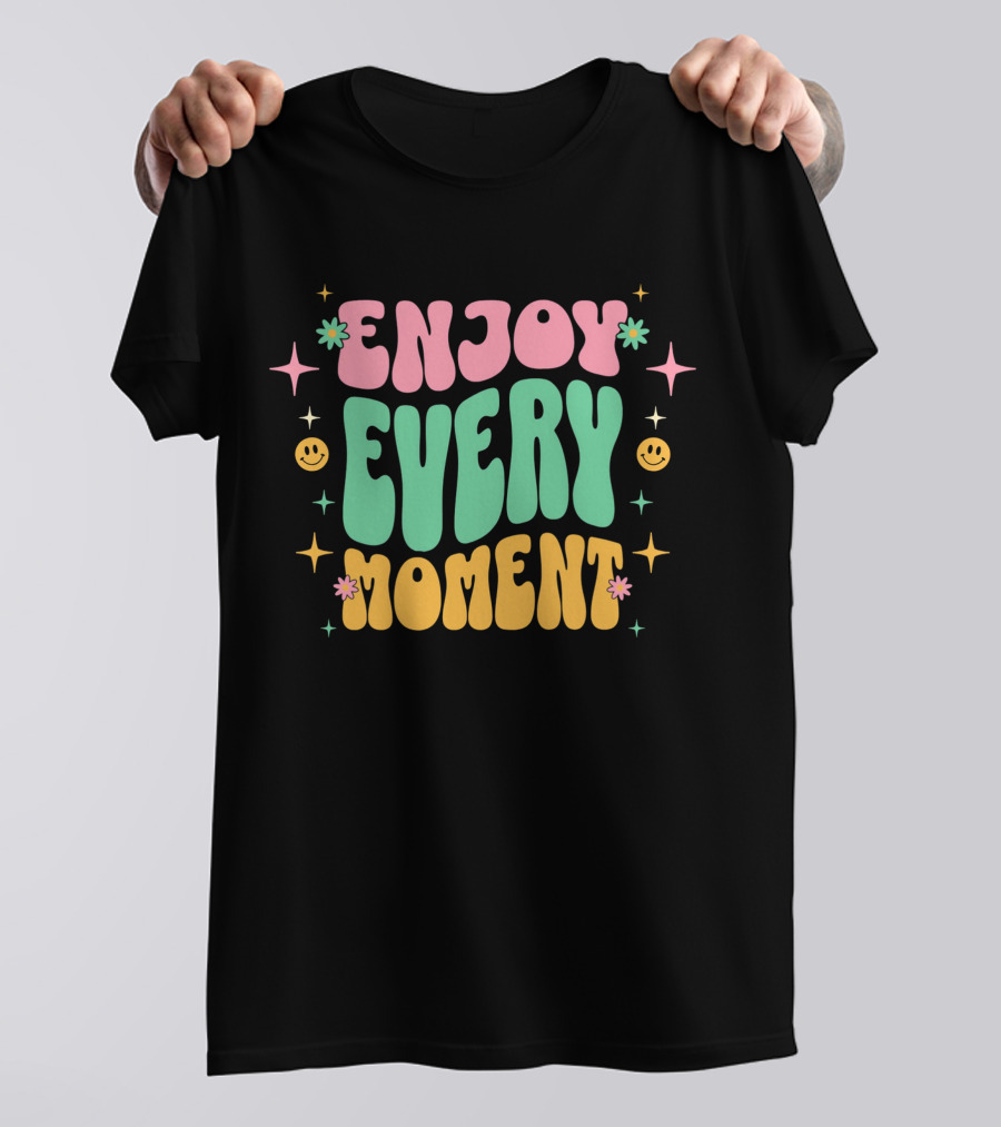 Enjoy Every Moment Retro Smiley Flowers And Stars T-Shirt