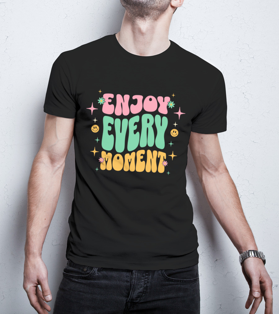 Enjoy Every Moment Retro Smiley Flowers And Stars T-Shirt