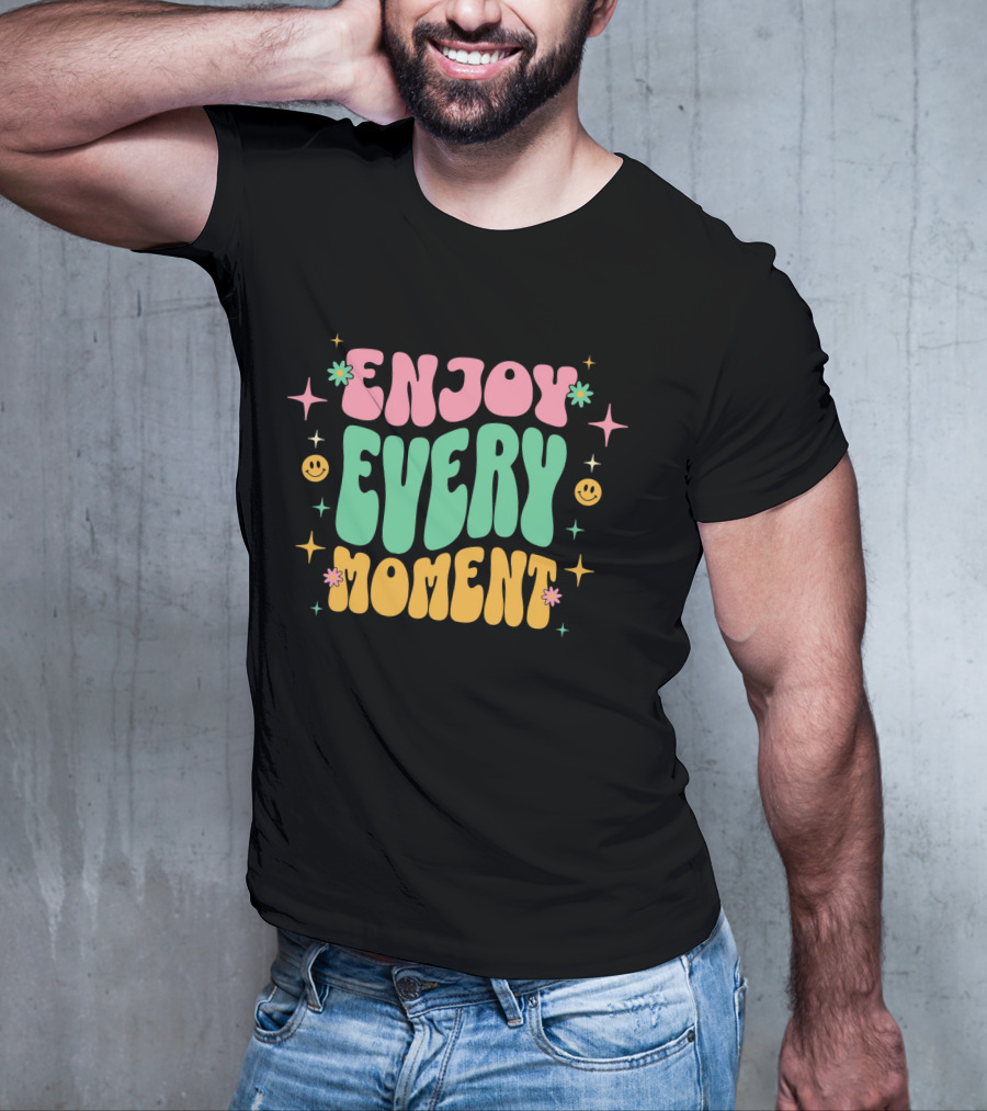 Enjoy Every Moment Retro Smiley Flowers And Stars T-Shirt