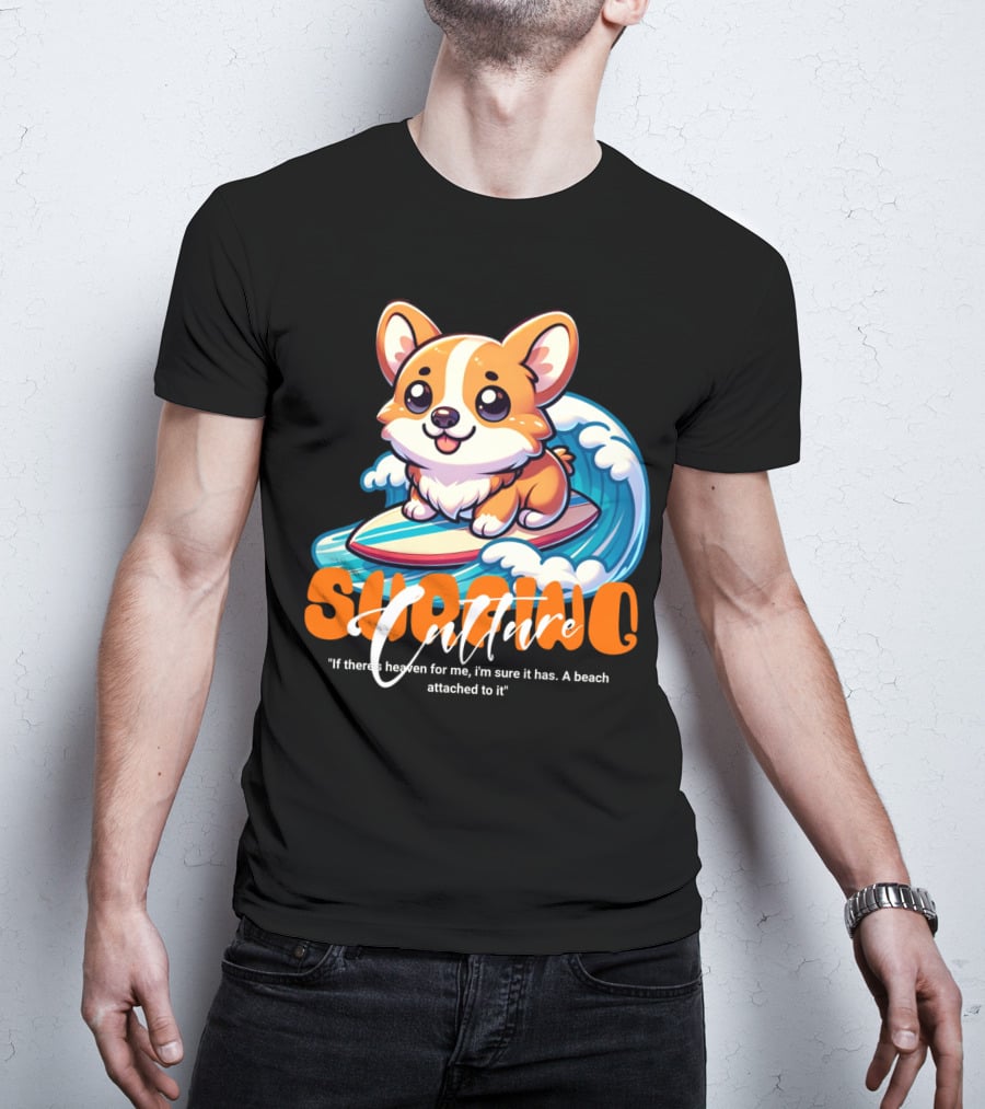 Surfing Culture Corgi On Surfboard With Wave T-Shirt