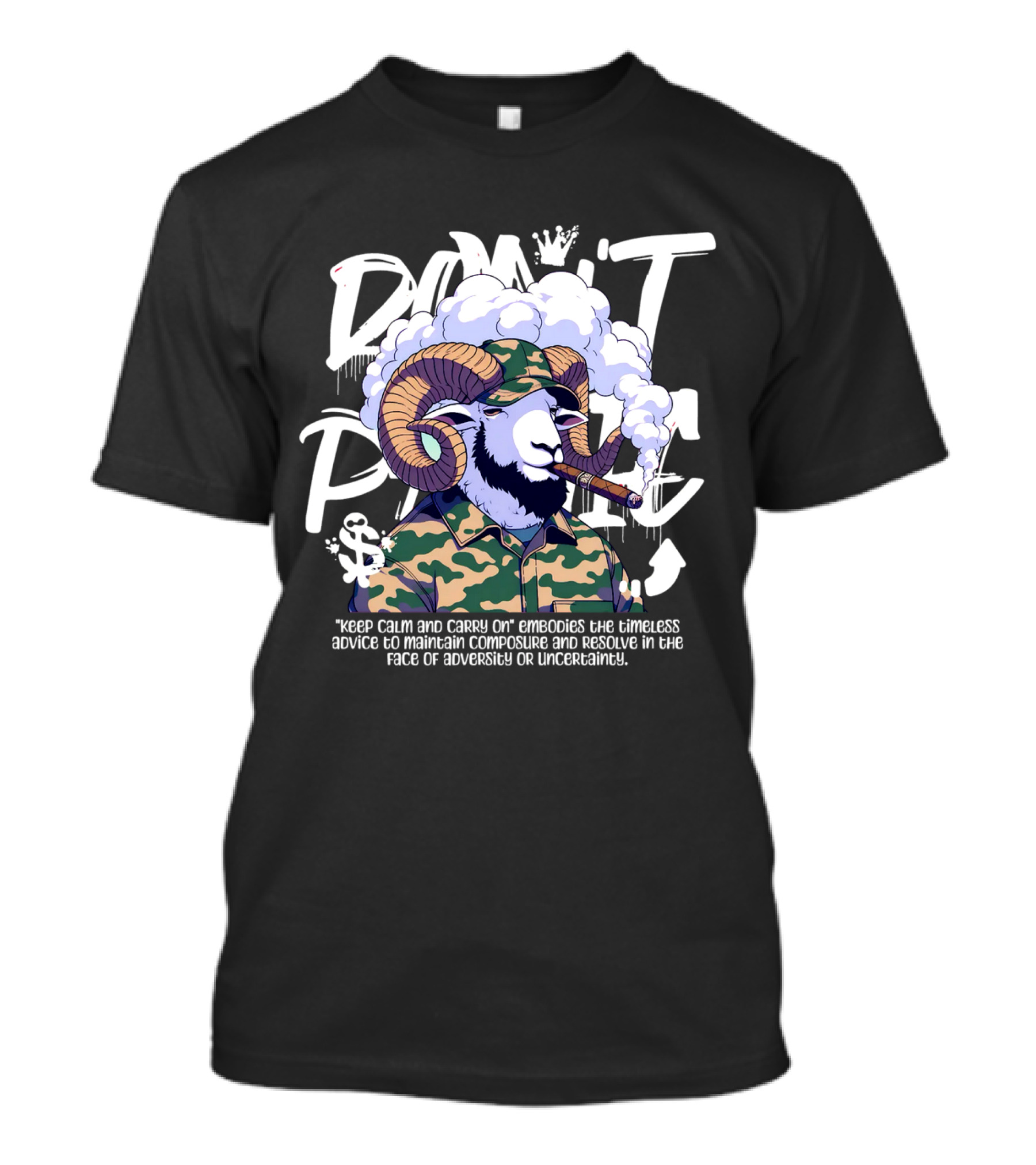 Don't Panic Keep Calm And Carry On Ram With Camo And Cigar T-Shirt