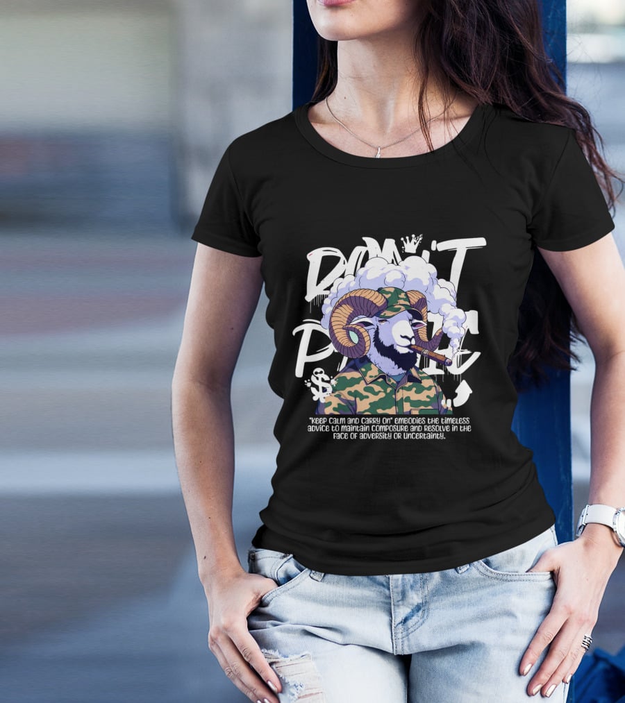 Don't Panic Keep Calm And Carry On Ram With Camo And Cigar T-Shirt