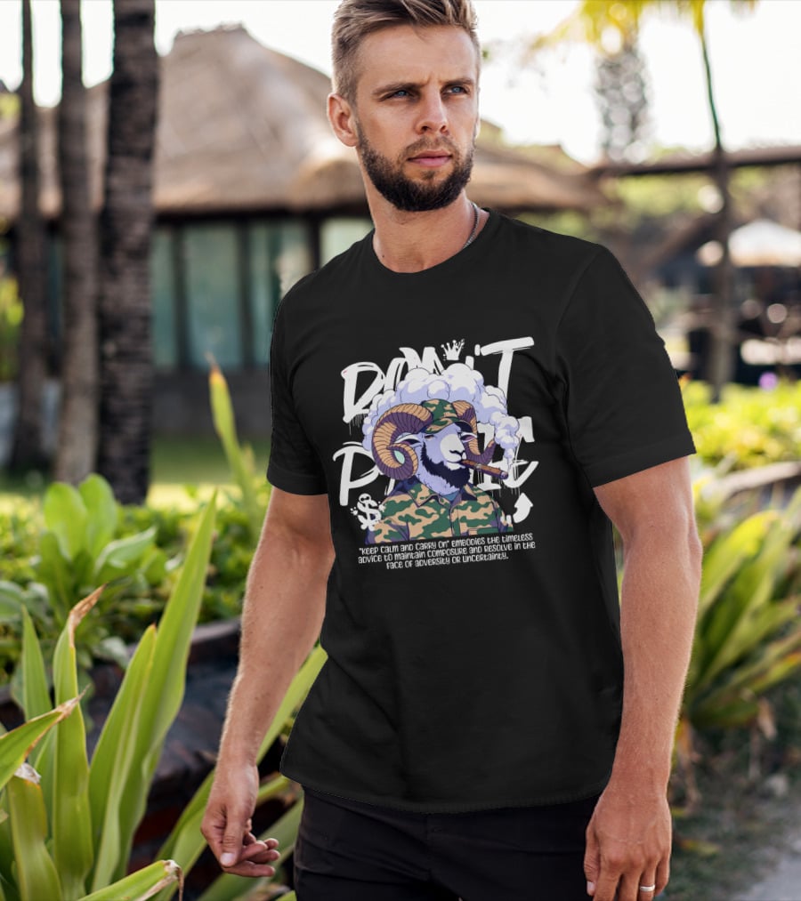 Don't Panic Keep Calm And Carry On Ram With Camo And Cigar T-Shirt