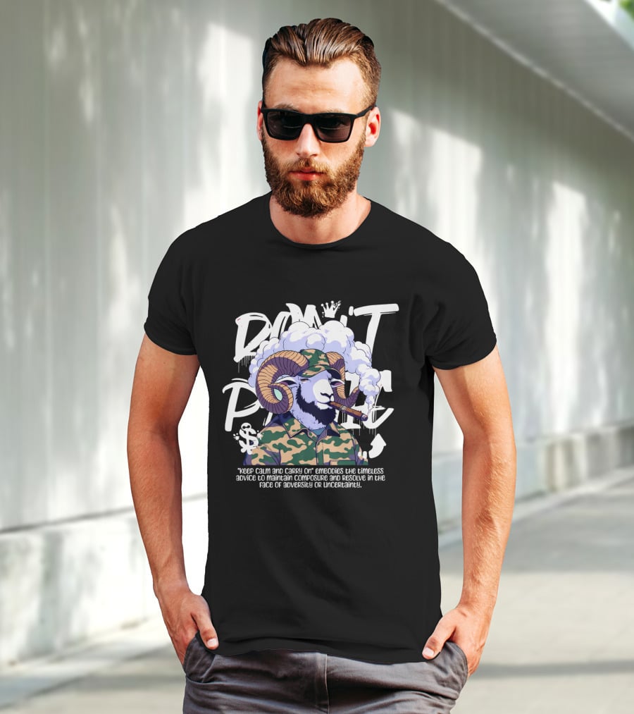Don't Panic Keep Calm And Carry On Ram With Camo And Cigar T-Shirt